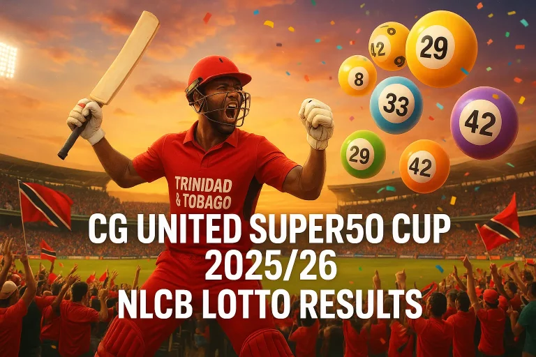 CG United Super50 Cup 2025/26 celebration with Trinidad and Tobago cricket player and NLCB Lotto results theme.