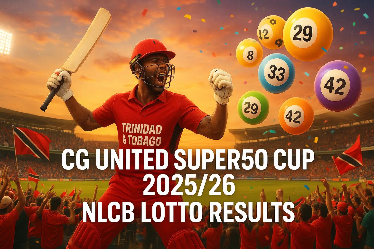 CG United Super50 Cup 2025/26 celebration with Trinidad and Tobago cricket player and NLCB Lotto results theme.
