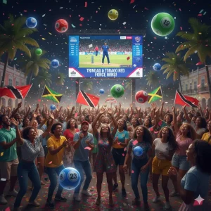 Trinidad fans celebrating cricket and lotto wins together.