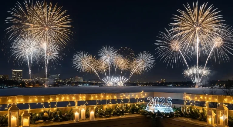 Happy New Year 2026 celebration with festive lights and fireworks