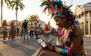 Friends celebrating together during Trinidad Carnival street festival