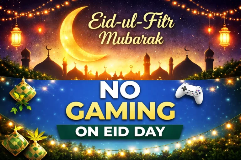 Eid-ul-Fitr Mubarak announcement banner with no gaming on Eid day schedule update graphic